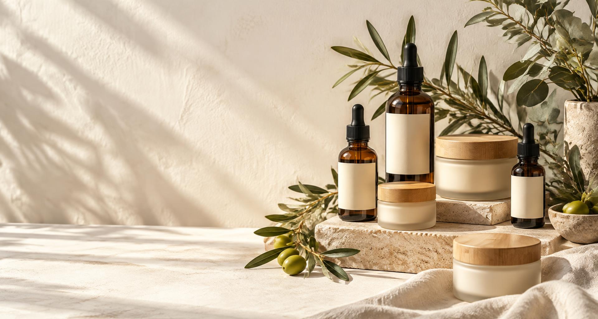 Cosmética natural con frascos de cristal ámbar, tapas de bambú y ramas de olivo